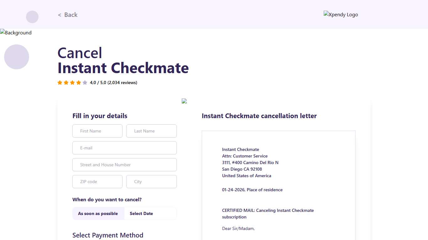 Cancel Instant Checkmate within 2 minutes Xpendy